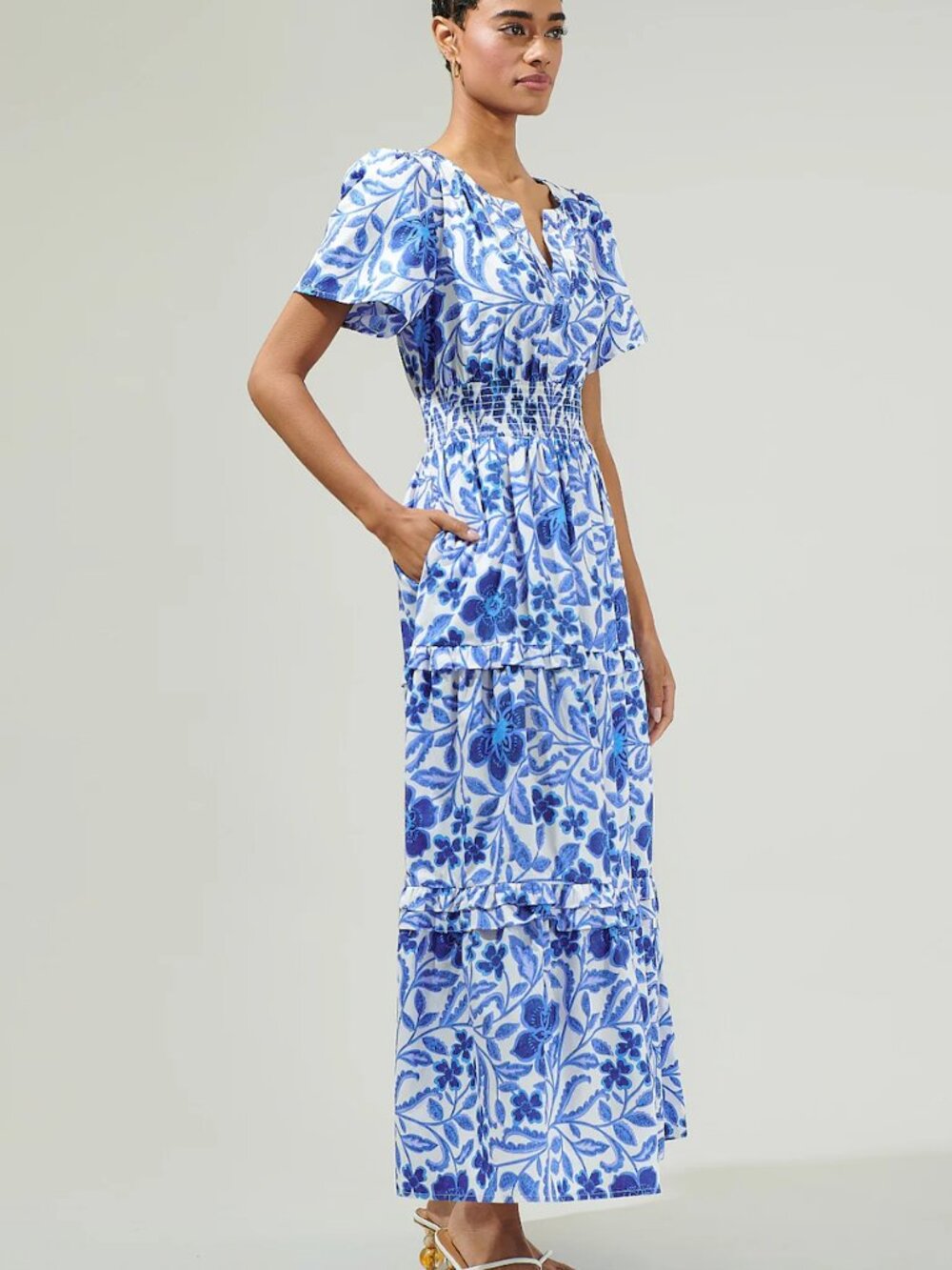 Sugarlips Celeste Floral Palmer Poplin Tiered Maxi Dress - White/Blue Combo - Picture 3 of 4